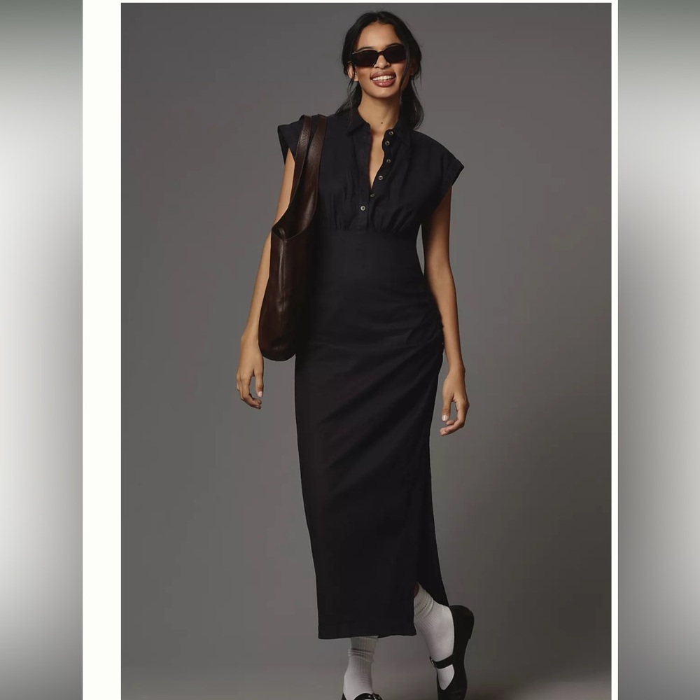 By Anthropologie Cap-Sleeve V-Neck Ruched Slim Midi Dress